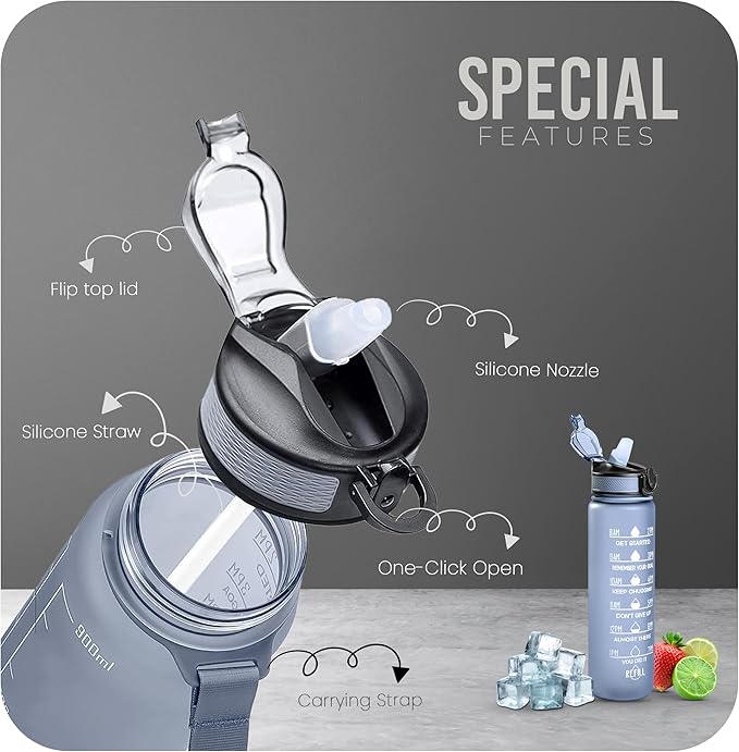 K-MART Sports Water Bottle with Straw and Time Marking, and 32OZ Capacity - Motivational and Eco-Friendly BPA-Free Bottle for Running, Gym, Yoga, Outdoors,