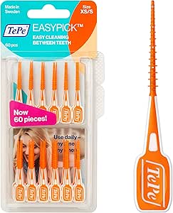 TePe EasyPick Toothpicks, Orange, ISO XS-S, 60pcs, Dental Plaque Removal Tool, efficient and Easy Cleaning Between The Teeth, toothpicks for Narrow Gaps
