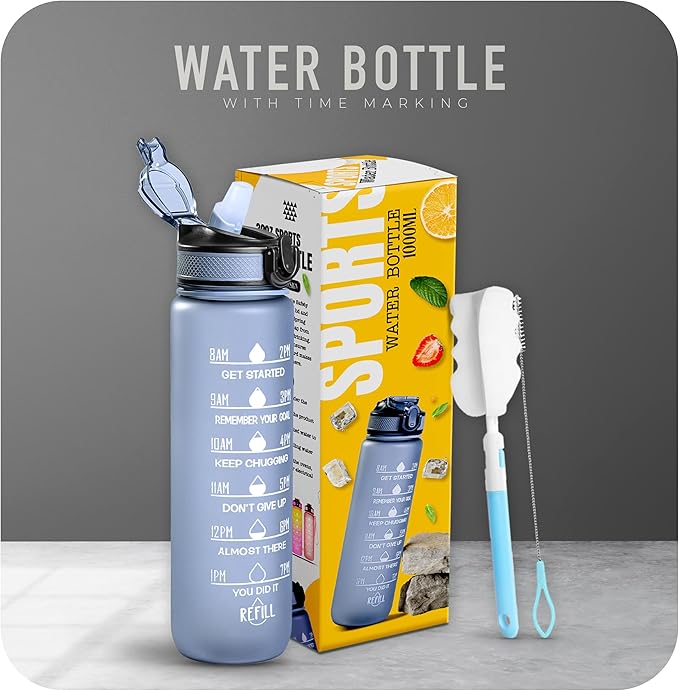 K-MART Sports Water Bottle with Straw and Time Marking, and 32OZ Capacity - Motivational and Eco-Friendly BPA-Free Bottle for Running, Gym, Yoga, Outdoors,