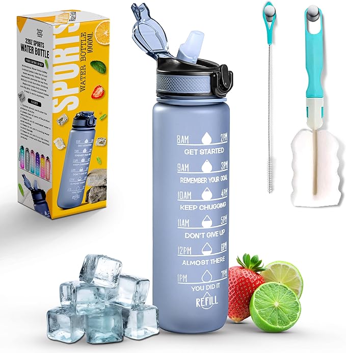 K-MART Sports Water Bottle with Straw and Time Marking, and 32OZ Capacity - Motivational and Eco-Friendly BPA-Free Bottle for Running, Gym, Yoga, Outdoors,